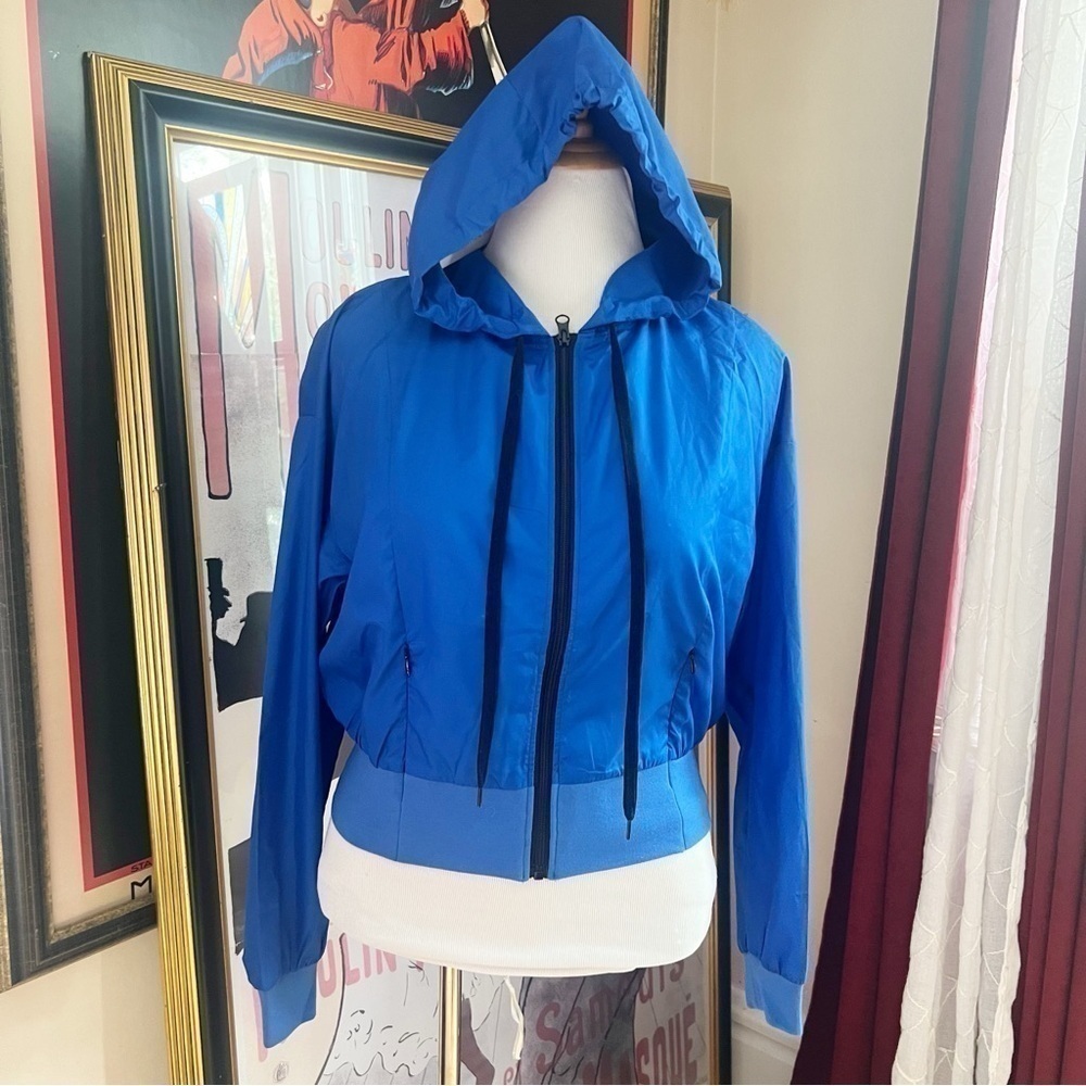 PSK COLLECTIVE: Bright Blue Zip Up Women's Cropped Hoodie Anorak Jacket Sz L